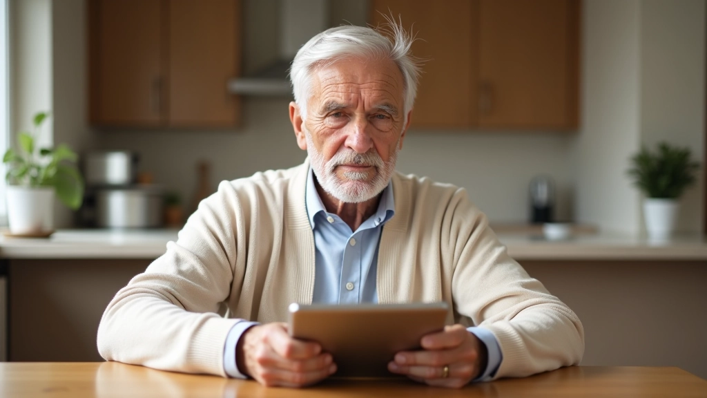 Stariji čovjek sjedim za stolom s tablet računalom, čini se fokusiran i malo zbunjen